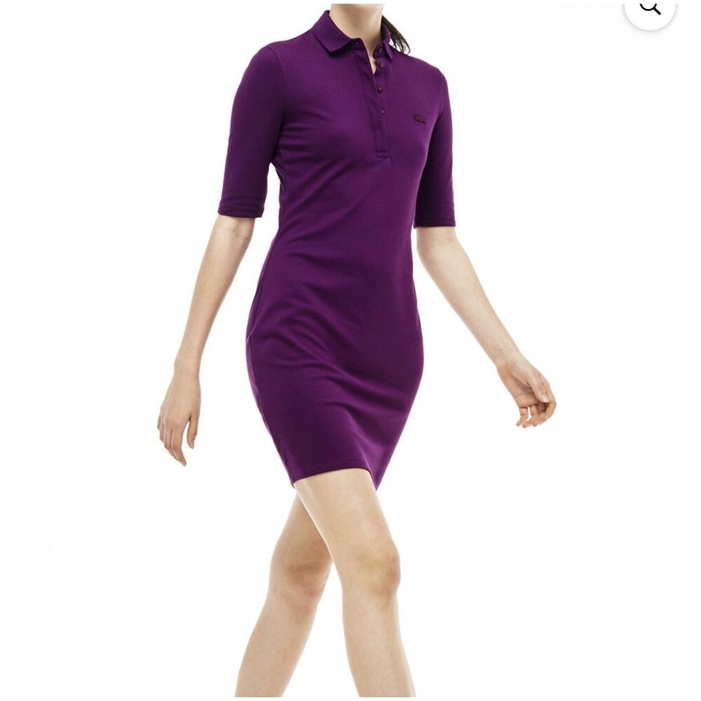 Lacoste Polo Dress Womens Pique Purple Short Sleeve Tunic Golf Tennis Mini 36